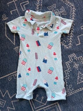 Kyte BABY 12-18M Light Blue Popsicle Polo Romper with Red, White and Blue Print